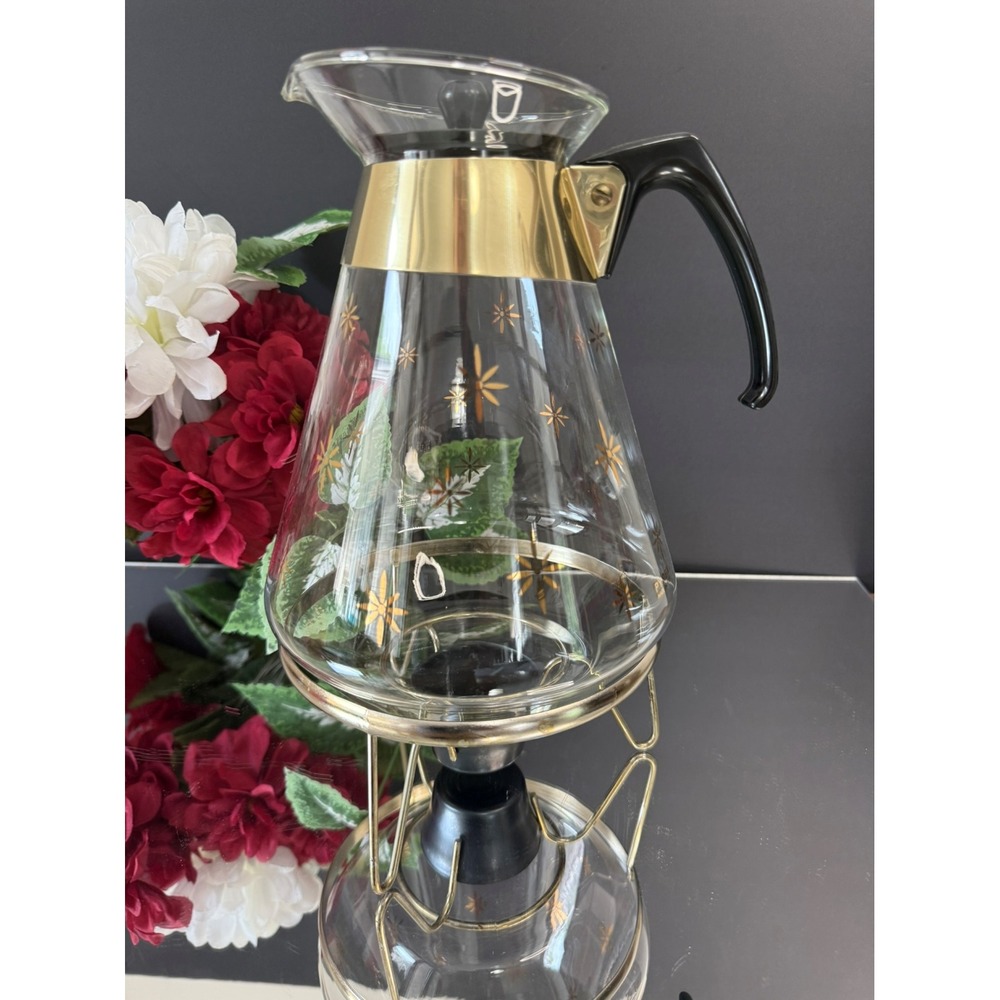 Vintage Pyrex Gold‎ Starburst Glass Coffee Carafe Warmer Retro Dining Kitchen